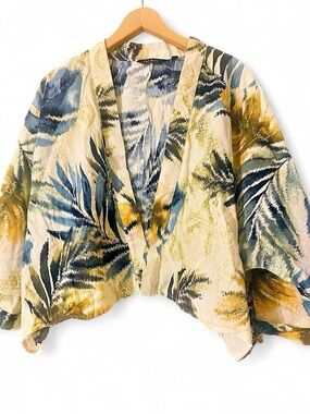 IMAN Lightweight Cotton Abstract Palm Leaf Open Front Crop Kimono Cover-up